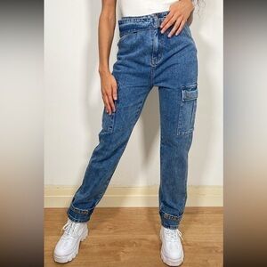 PrettyLittleThing Dark Wash Cargo Pocket Asymmetric Belt Boyfriend Jeans